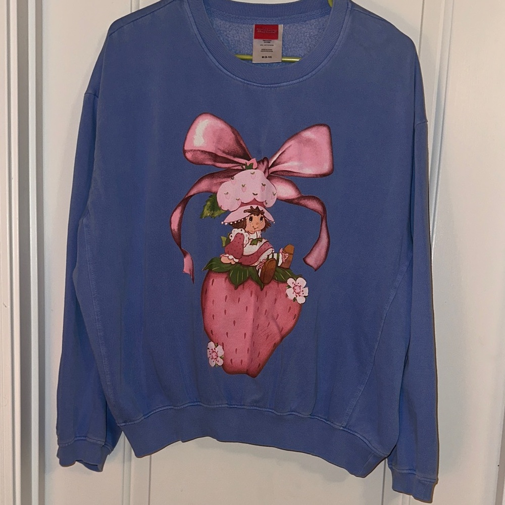 Blue Graphic Strawberry Sweatshirt with Pink Bow